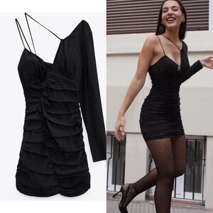 ZARA Black Ruched One Shoulder Dress​​​​